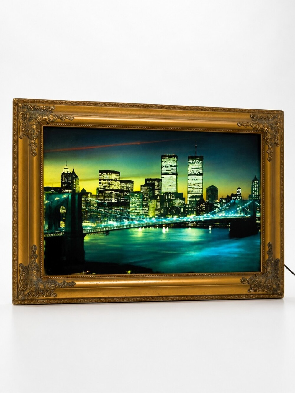 Vintage NYC Twin Towers Brooklyn Bridge Lighted Sound Wall Art Gold Frame